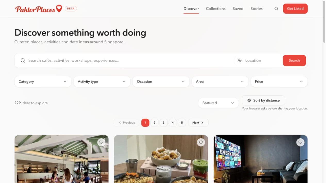 PaktorPlaces discovery results with category, activity, occasion, area and price filters.