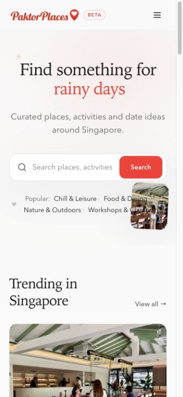 PaktorPlaces homepage on mobile.