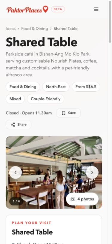 A PaktorPlaces venue listing on mobile.