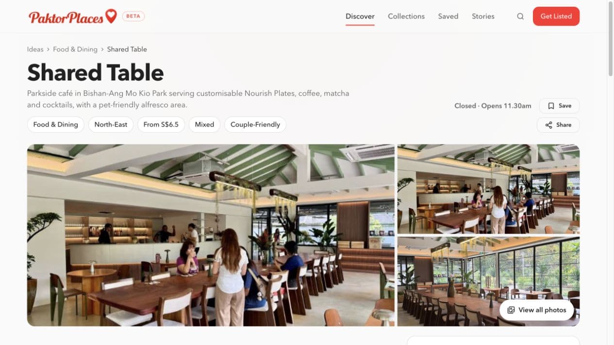 Shared Table venue page showing its description, practical tags and photo gallery.